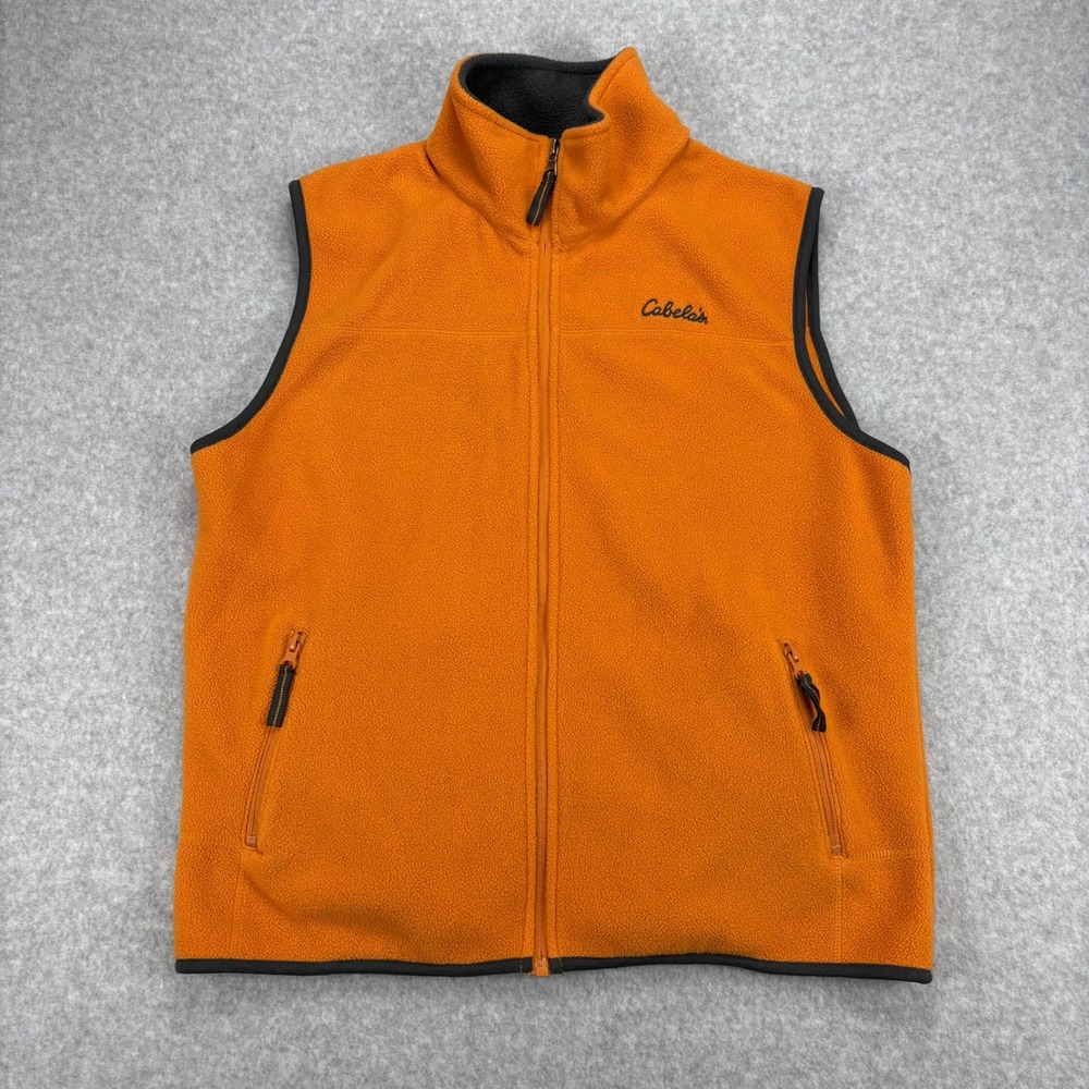 Cabelas Fleece Vest Mens M Orange Full Zip Sleeveless Outdoor Hunting Layering